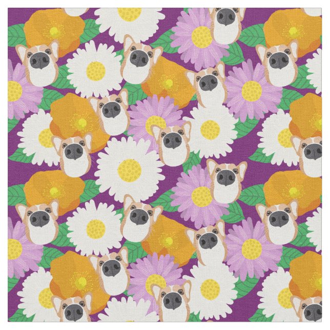 Corgi Dog with Flowers Purple Patterned Fabric (Close Up)