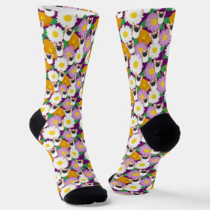Corgi Dog with Flowers Purple Patterned Socks