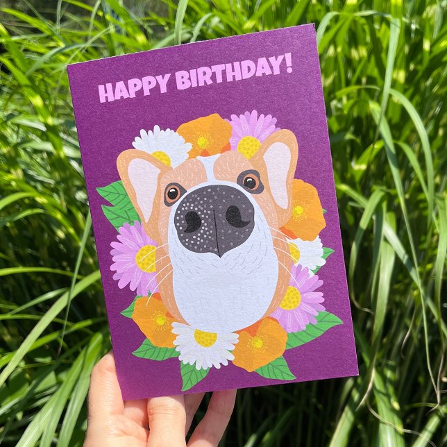Corgi Dog with Flowers Purple Personalised Card (Creator Uploaded)