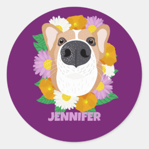 Corgi Dog with Flowers Purple Personalised Classic Round Sticker