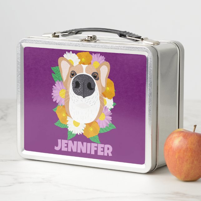 Corgi Dog with Flowers Purple Personalised Metal Lunch Box (In Situ)