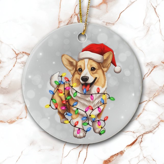 Corgi Dog Wrapped in Christmas Lights Ceramic Tree Decoration (Creator Uploaded)