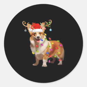 Corgi Dog Xmas Lights Reindeer Santa Corgi Dog Chr Classic Round Sticker