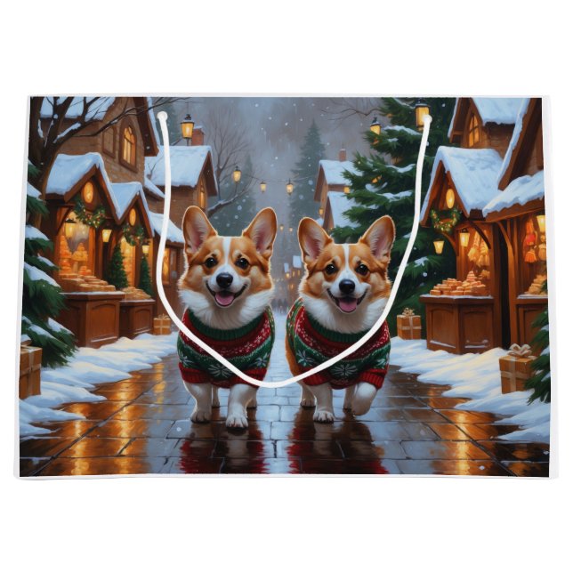 Corgi Dogs Christmas Snow Holiday Large Gift Bag (Front)