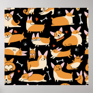 Corgi Dogs, Cute Seamless Background. Poster