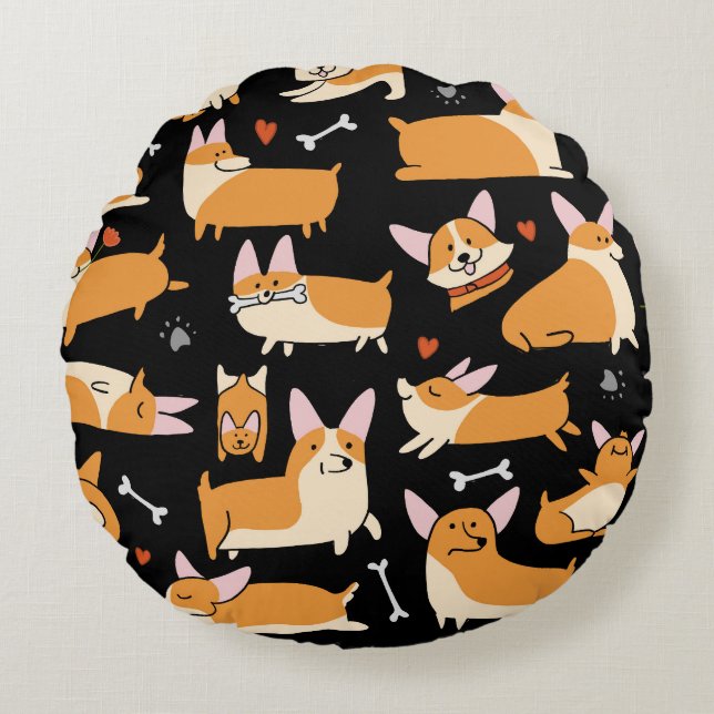 Corgi Dogs, Cute Seamless Background. Round Cushion (Front)