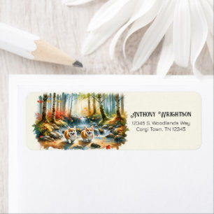 Corgi Dogs In A Woodland Stream With Fall Colours