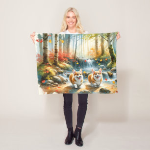 Corgi Dogs In A Woodland Stream With Fall Colours Fleece Blanket