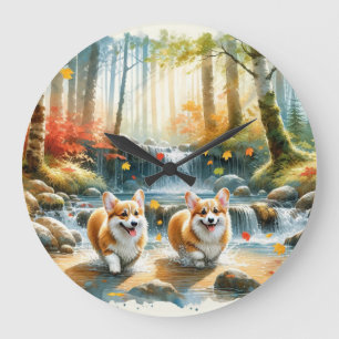 Corgi Dogs In A Woodland Stream With Fall Colours Large Clock