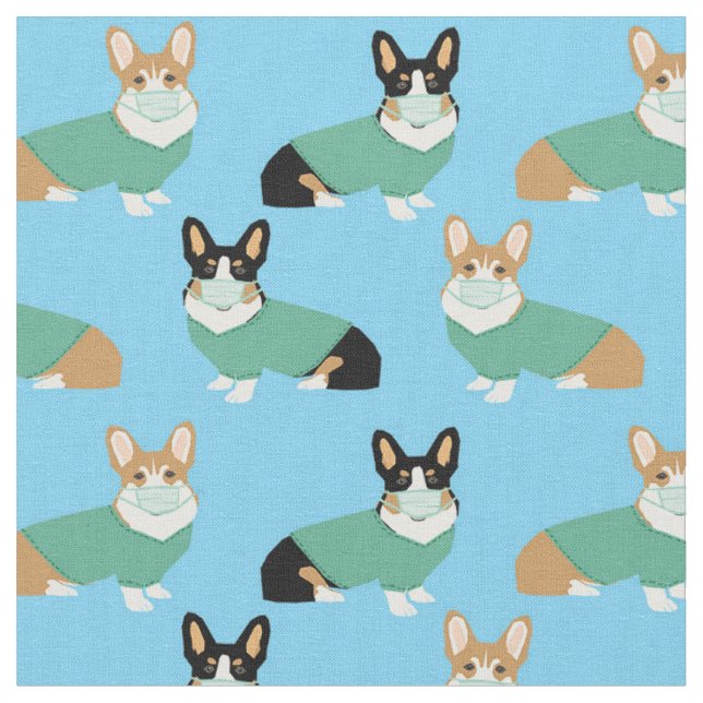 corgi dogs in scrubs light blue fabric (Close Up)