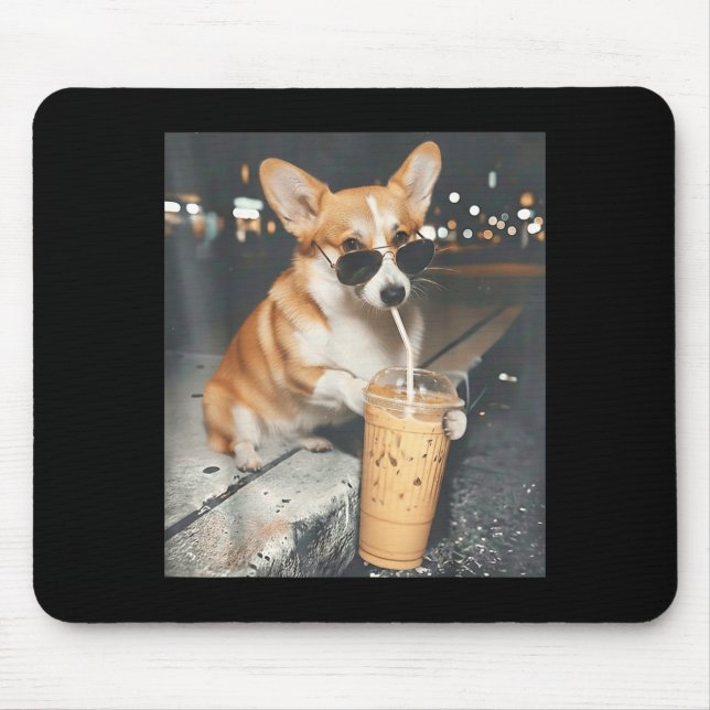 Corgi drinking iced coffee funny animal meme corgi mouse pad (Front)