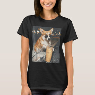 Corgi drinking iced coffee funny animal meme corgi T-Shirt