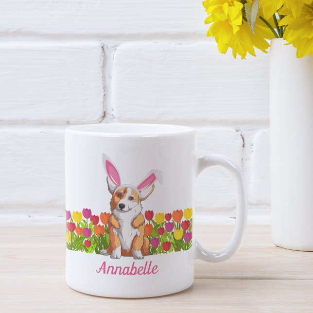 Corgi Easter Bunny Flowers Cute Personalised Coffee Mug (Creator Uploaded)