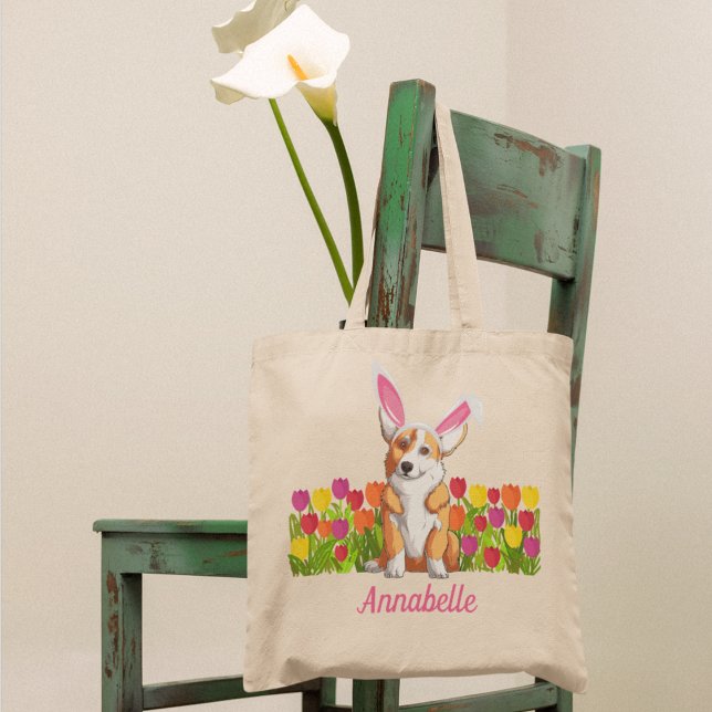 Corgi Easter Bunny Flowers Cute Personalised Tote Bag (Creator Uploaded)