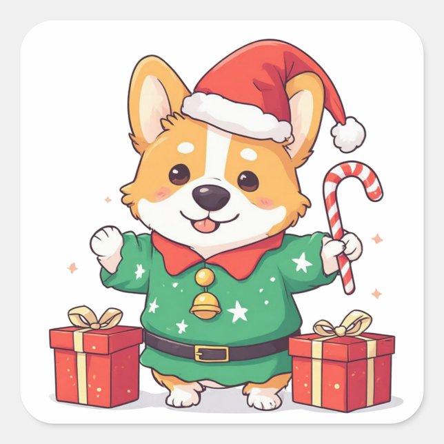 Corgi Elf Holding Wrapped Christmas Present Square Sticker (Front)