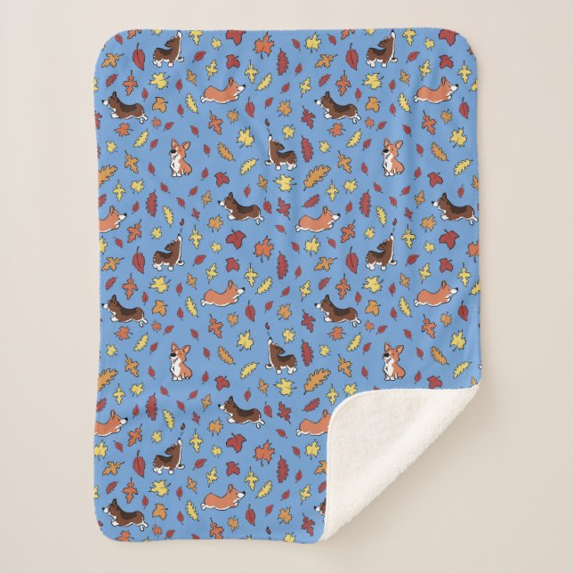 Corgi Fall Leaves Dusty Blue Sherpa Blanket (Front)