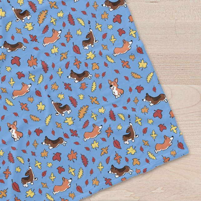 Corgi Fall Leaves Pattern Dusty Blue Fleece Blanket (Creator Uploaded)