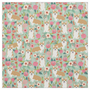 Corgi floral fabric - mint
