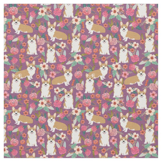 Corgi floral fabric  - purple (Close Up)