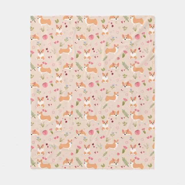 Corgi Floral Seamless Pattern - Cute Dog Art Fleece Blanket (Front)