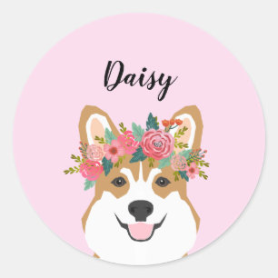 Corgi Flower Crown Custom name Classic Round Sticker