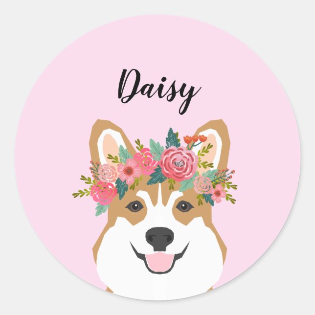 Corgi Flower Crown Custom name Classic Round Sticker (Front)