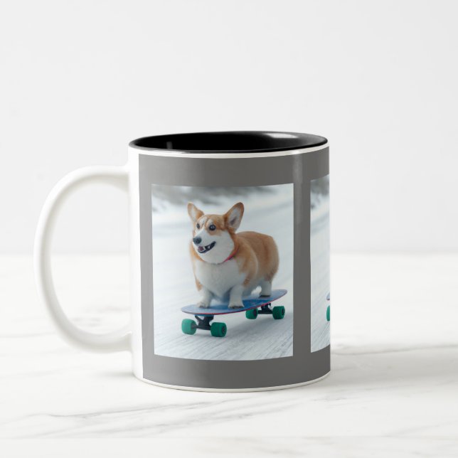 Corgi fun skateboarding Two-Tone coffee mug (Left)