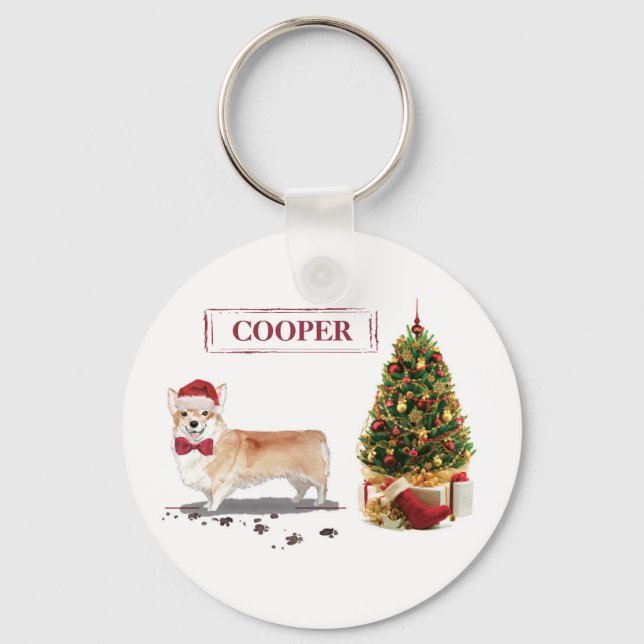 Corgi Funny Christmas Dog with Tree Key Ring (Front)