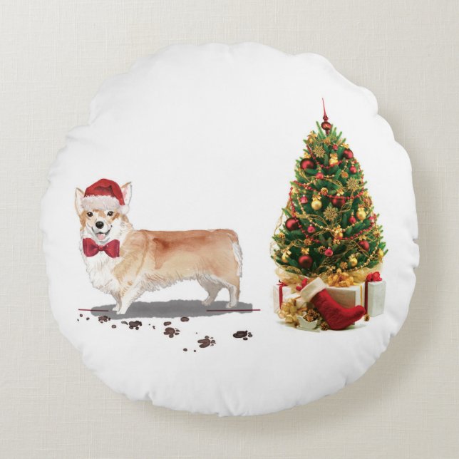 Corgi Funny Christmas Dog with Tree Round Cushion (Front)