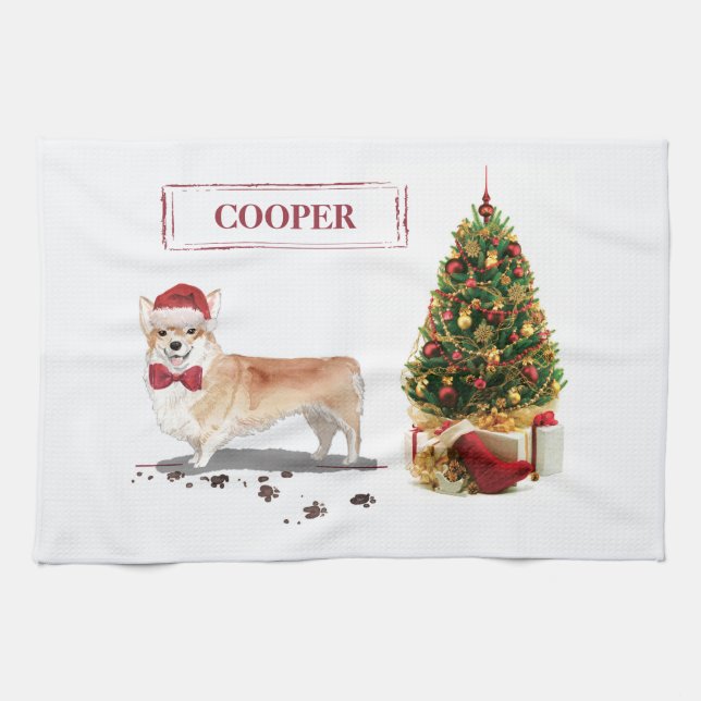 Corgi Funny Christmas Dog with Tree Tea Towel (Horizontal)