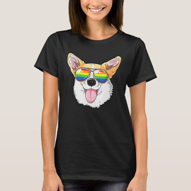 Corgi Gay Pride Flag Sunglasses Lgbt Dog Puppy T-Shirt (Front)
