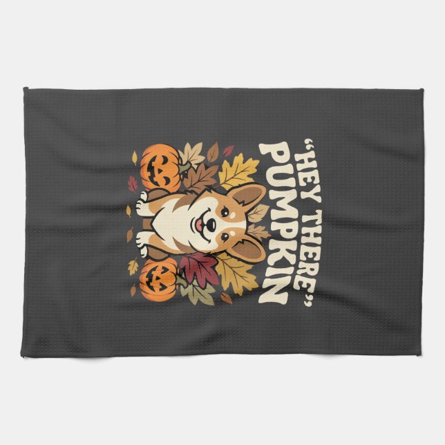 Corgi Halloween Hey There Pumpkin Design Tea Towel (Horizontal)