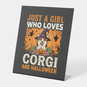 Corgi Halloween Witch Girl Vintage Horror Pedestal Sign