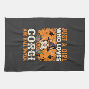 Corgi Halloween Witch Girl Vintage Horror Tea Towel