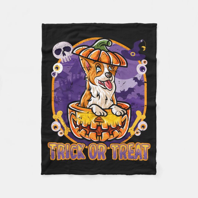 Corgi Happy Halloween Pumpkin Dog Fleece Blanket (Front)