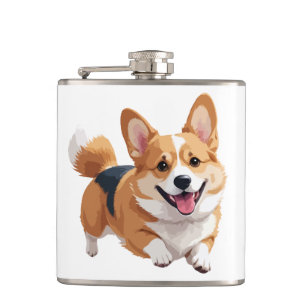 Corgi Happy Playful Fun Jumping In The Air Joyful Hip Flask