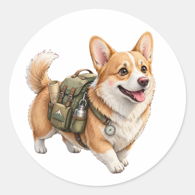 Corgi Hiking Adventure Watercolor Sticker (Front)