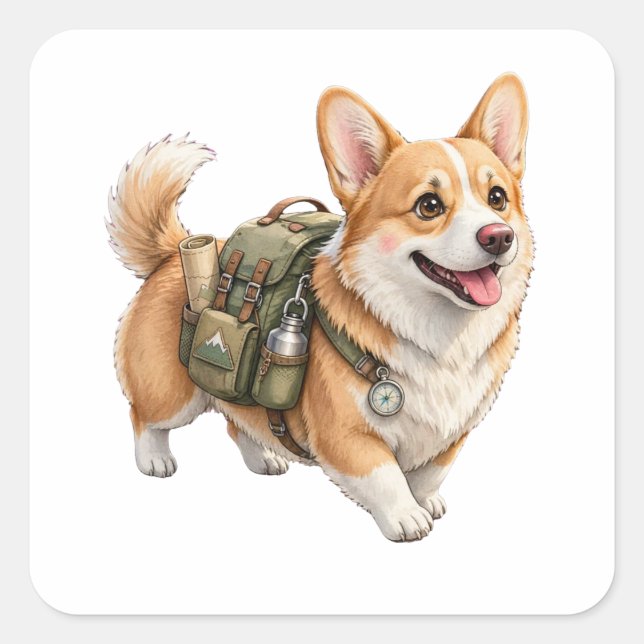 Corgi Hiking Adventure Watercolor Sticker Labels (Front)