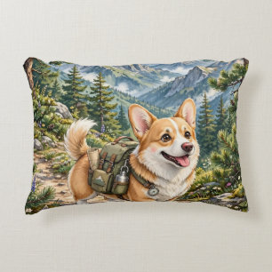 Corgi Hiking in Mountains Watercolor Accent Pillo Decorative Cushion
