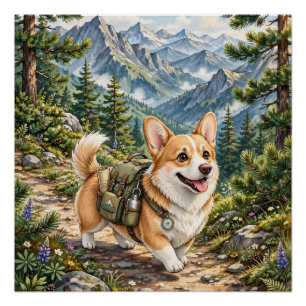 Corgi Hiking In Mountains Watercolor Glossy Poster