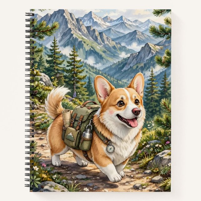 Corgi Hiking in Mountains Watercolor Notebook (Front)