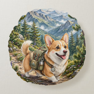 Corgi Hiking in Mountains Watercolor Round Pillow