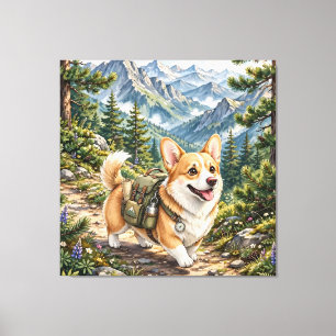 Corgi Hiking In Mountains Watercolor Stretched Canvas Print