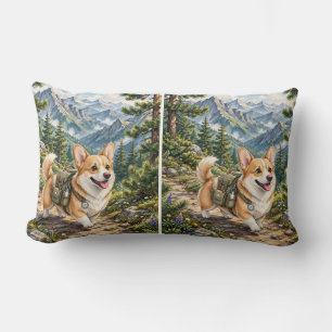 Corgi Hiking in Mountains Watercolor Throw Pillow