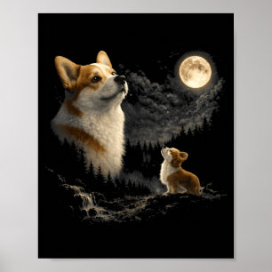 Corgi howling to the moon vintage 90s funny dog poster