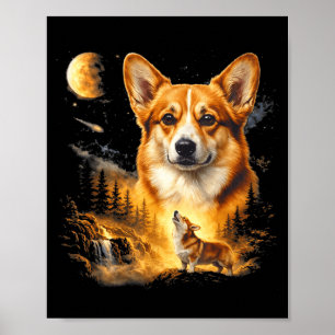 Corgi howling to the moon vintage 90s funny dog poster