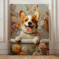Corgi in a Bubble Bath – Whimsical Floral Dog Bath