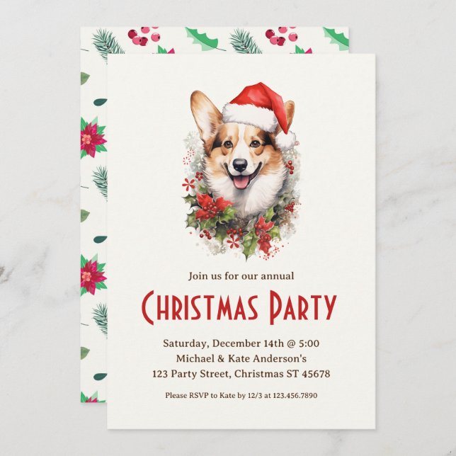 Corgi in a Santa Hat Pet Dog Christmas Party  Invitation (Front/Back)