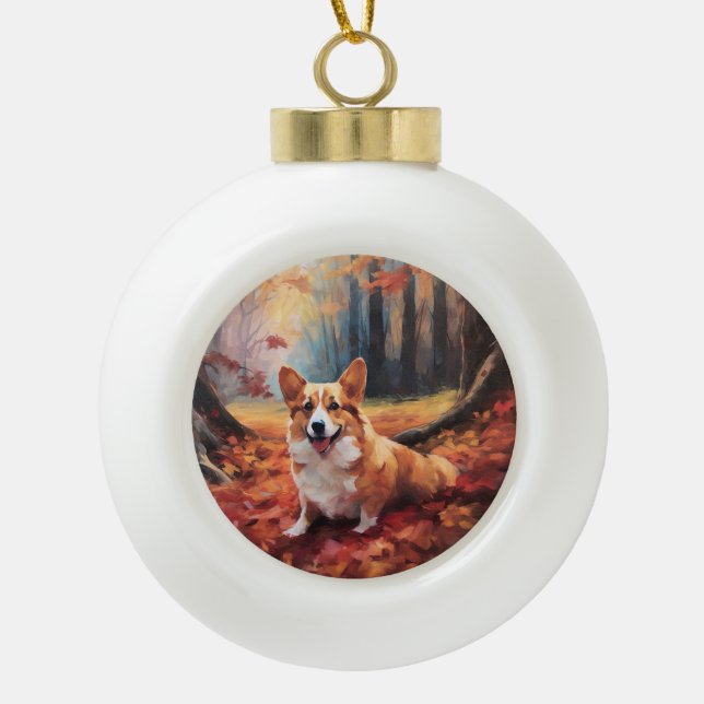 Corgi in Autumn Leaves Fall Inspire Ceramic Ball Christmas Ornament (Front)