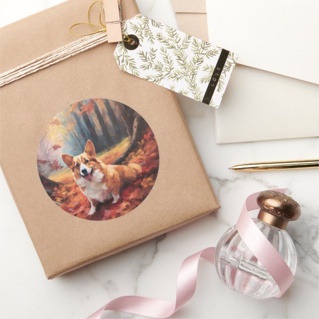 Corgi in Autumn Leaves Fall Inspire Classic Round Sticker (Gifting)